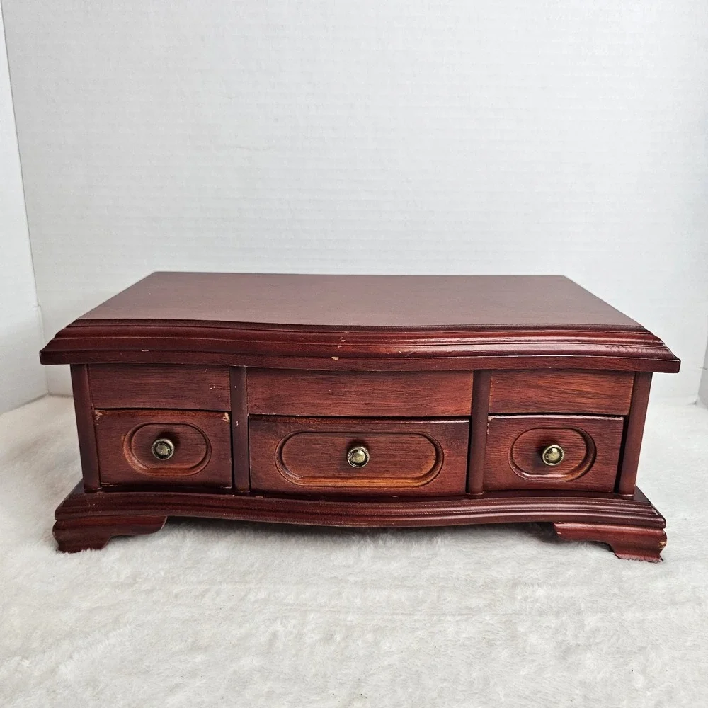 Brown Wood Rectangle Jewelry Box Organizer w/ Drawers, Ring Storage, 25+ pcs